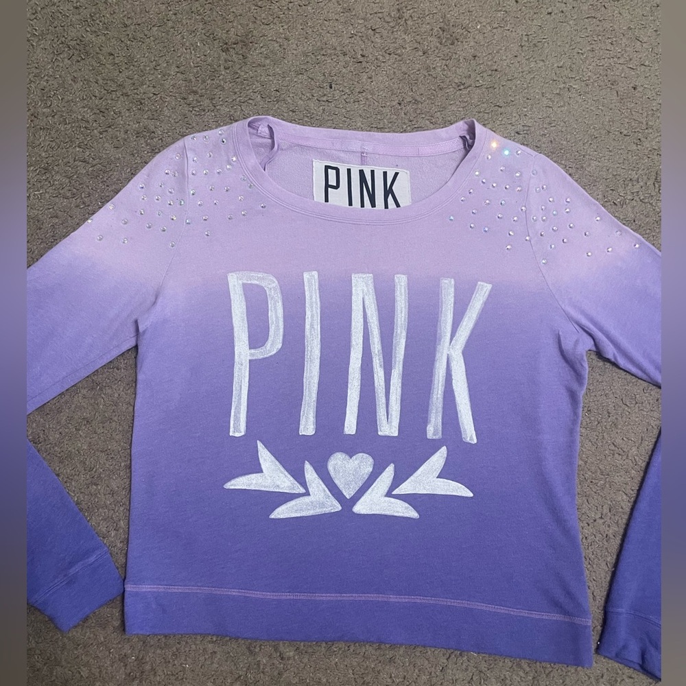PINK Victoria’s Secret Long Sleeve Crew Neck Shirt Ombre with Rhinestones - Picture 4 of 15